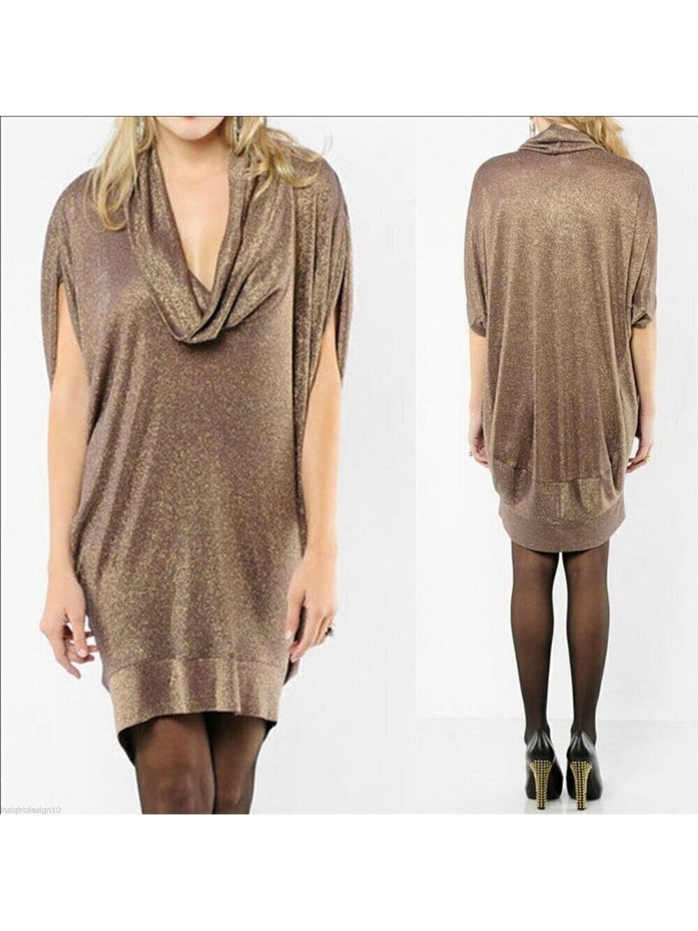 Halston Heritage Metallic Bronze Cowl Neck Dolman Sleeve Tunic Dress SZ S (4)